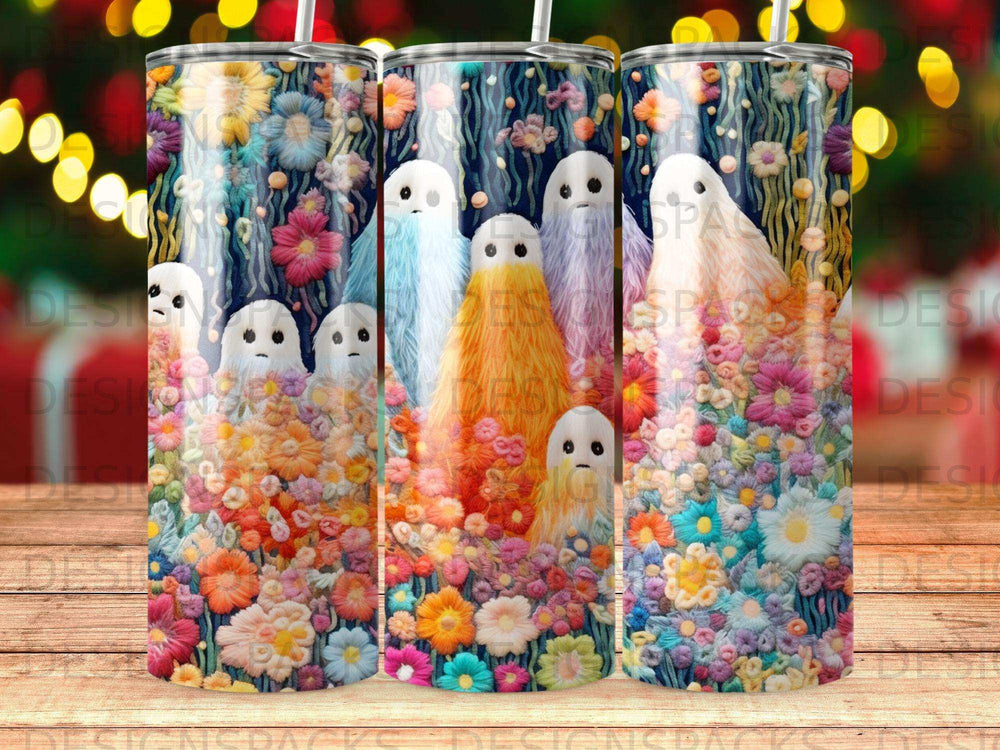 Ghosts in colorful floral patterns on a dark blue background.