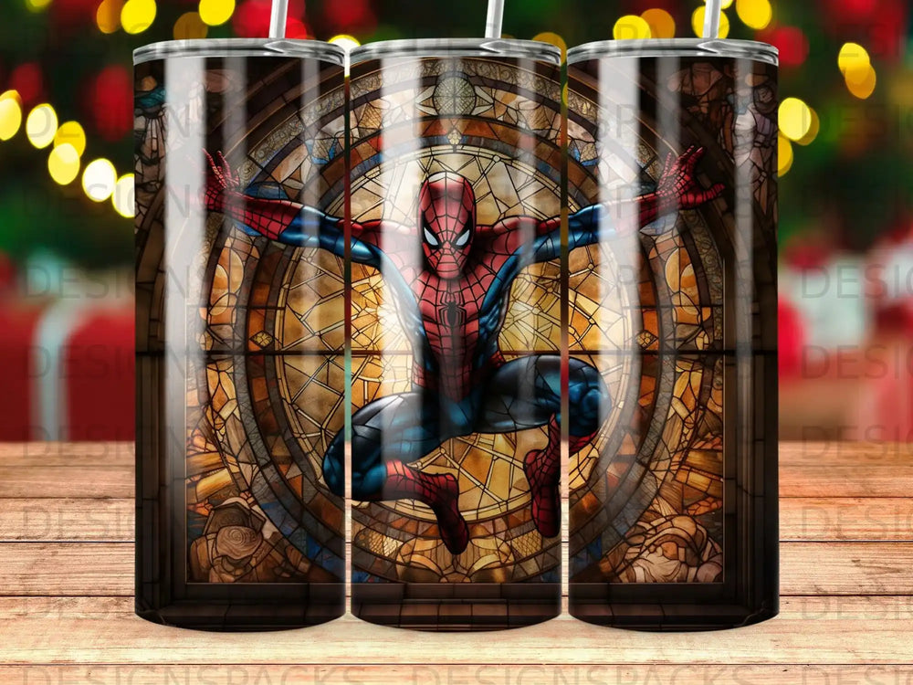Spiderman in stained glass pattern on a tumbler.
