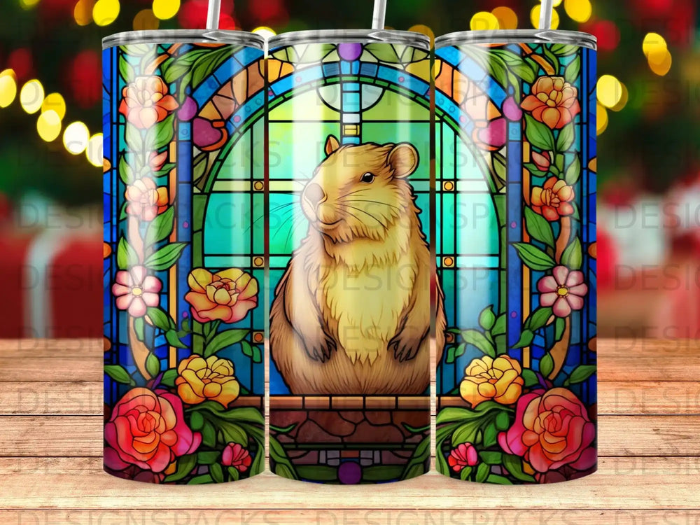 Hamster in stained glass window surrounded by floral art.
