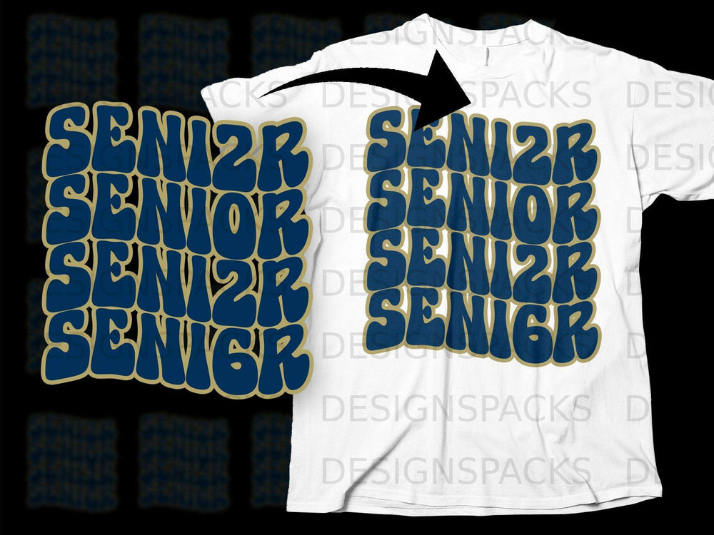 Senior text design on a white t-shirt with a black arrow pointing to it.
