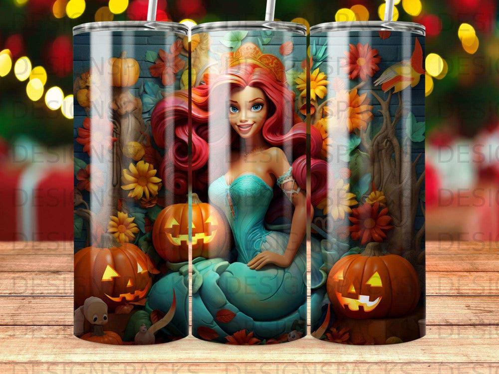 Halloween princess character with pumpkins and flowers.