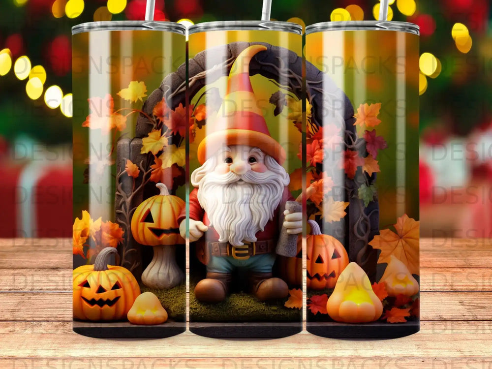 Gnome with pumpkins and autumn leaves in front of a stone archway.