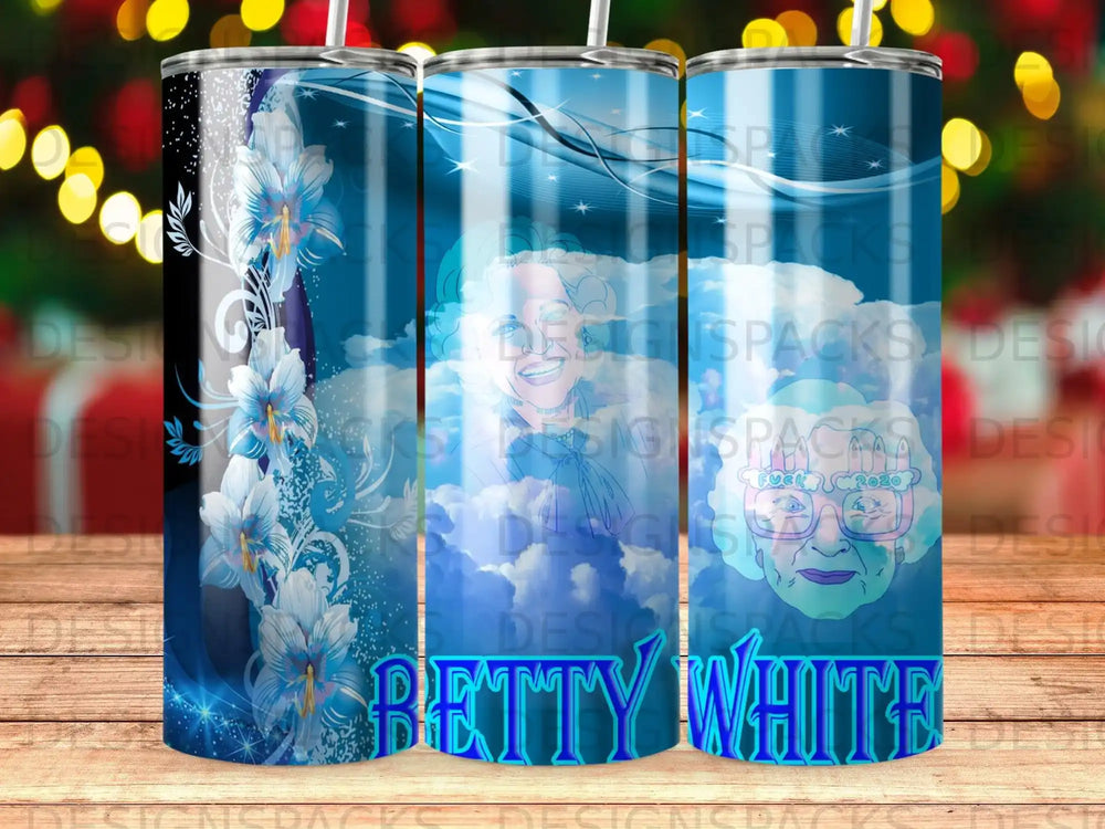 Betty White tumbler with floral and cosmic designs.