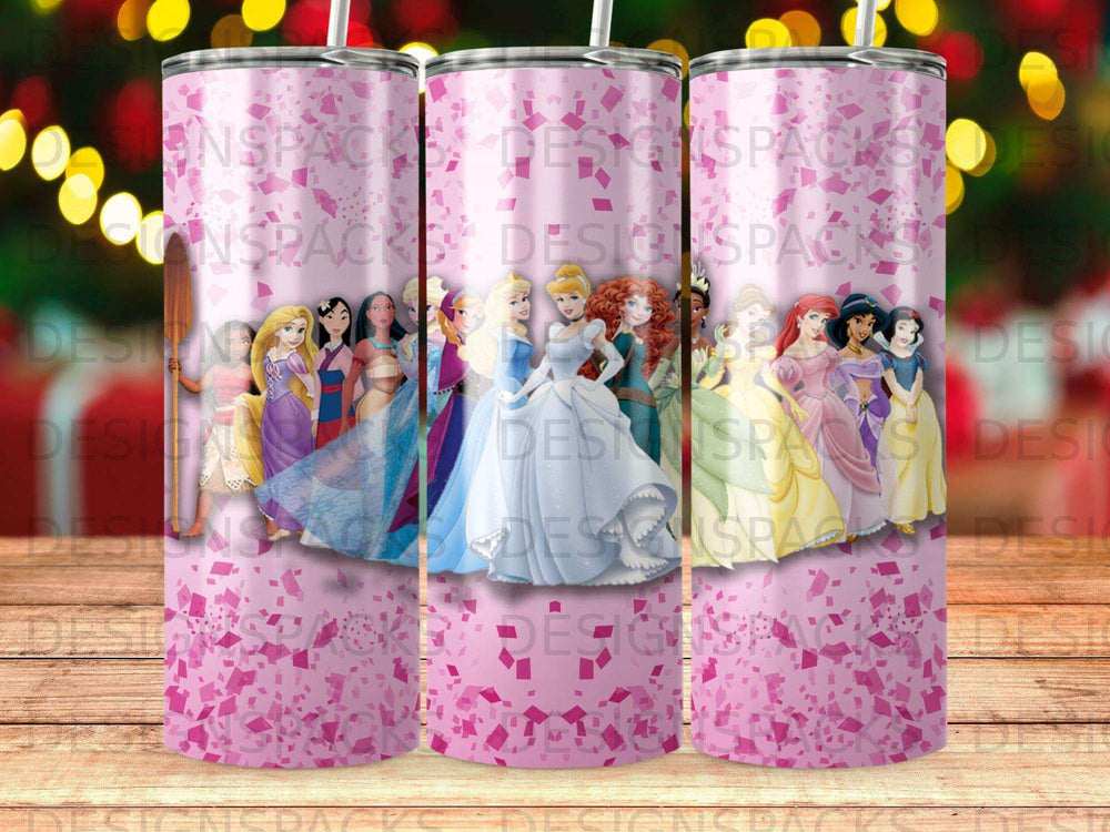 Princesses from Disney movies on a pink glitter tumbler.