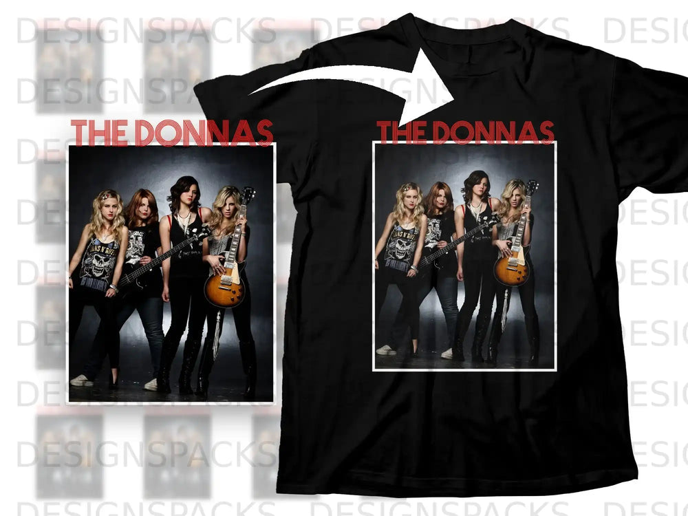 Black t-shirt featuring a band photo of The Donnas in jeans and tops.