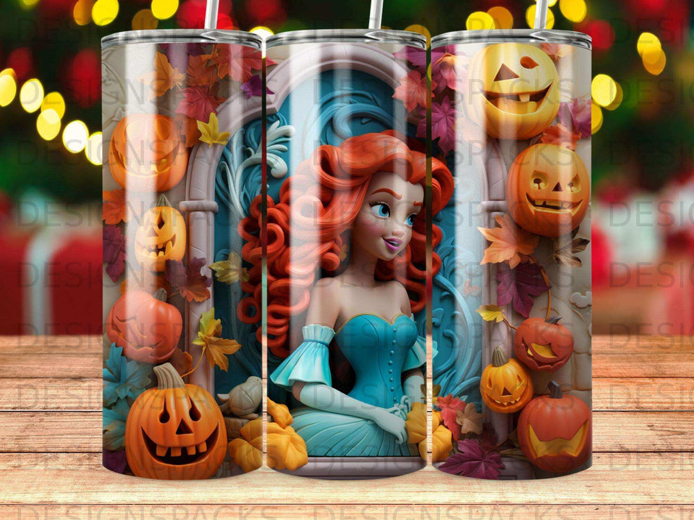 Princess Ariel in blue dress with pumpkins and autumn leaves.