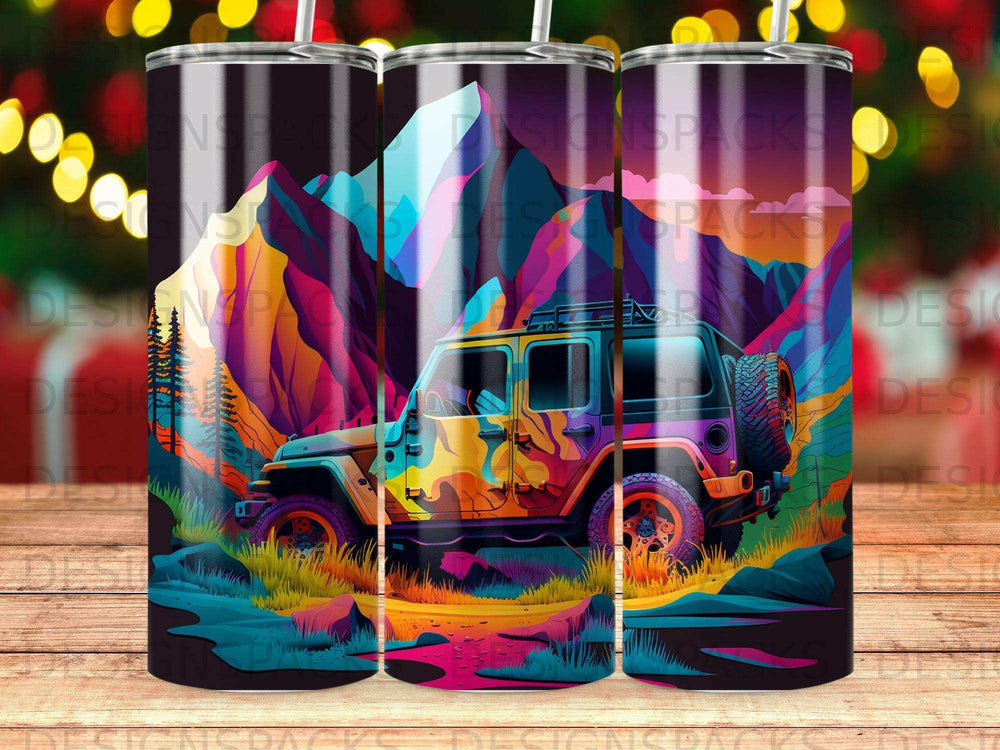 Colorful Jeep Wrangler in a mountain landscape with abstract vibrant colors.