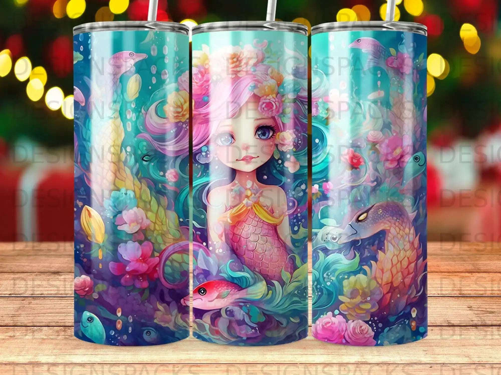 Mermaid with pink hair and floral crown surrounded by fish and coral.