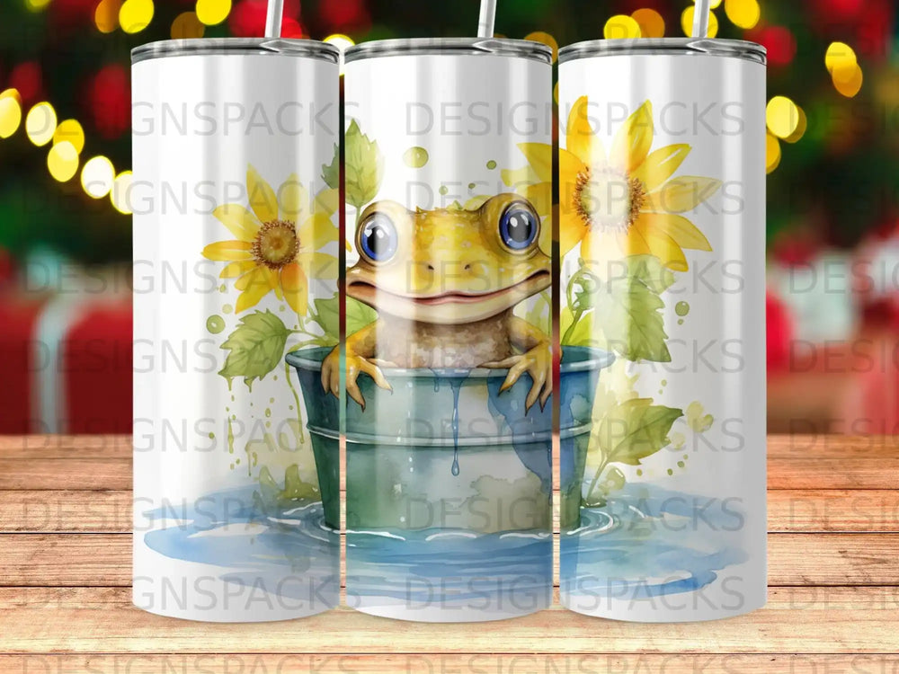 Frog in a bucket surrounded by sunflowers.
