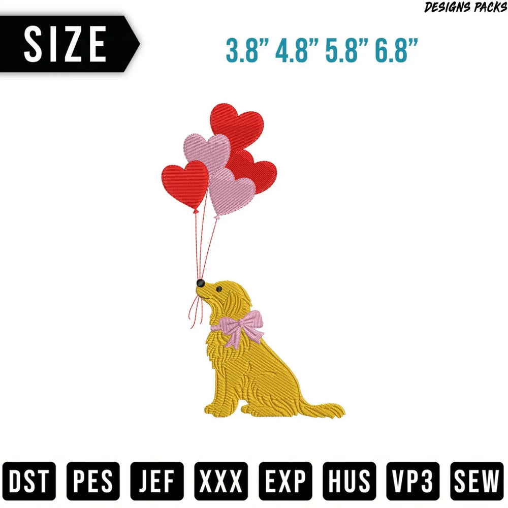 Golden retriever with pink and red balloons, above size and file format text.