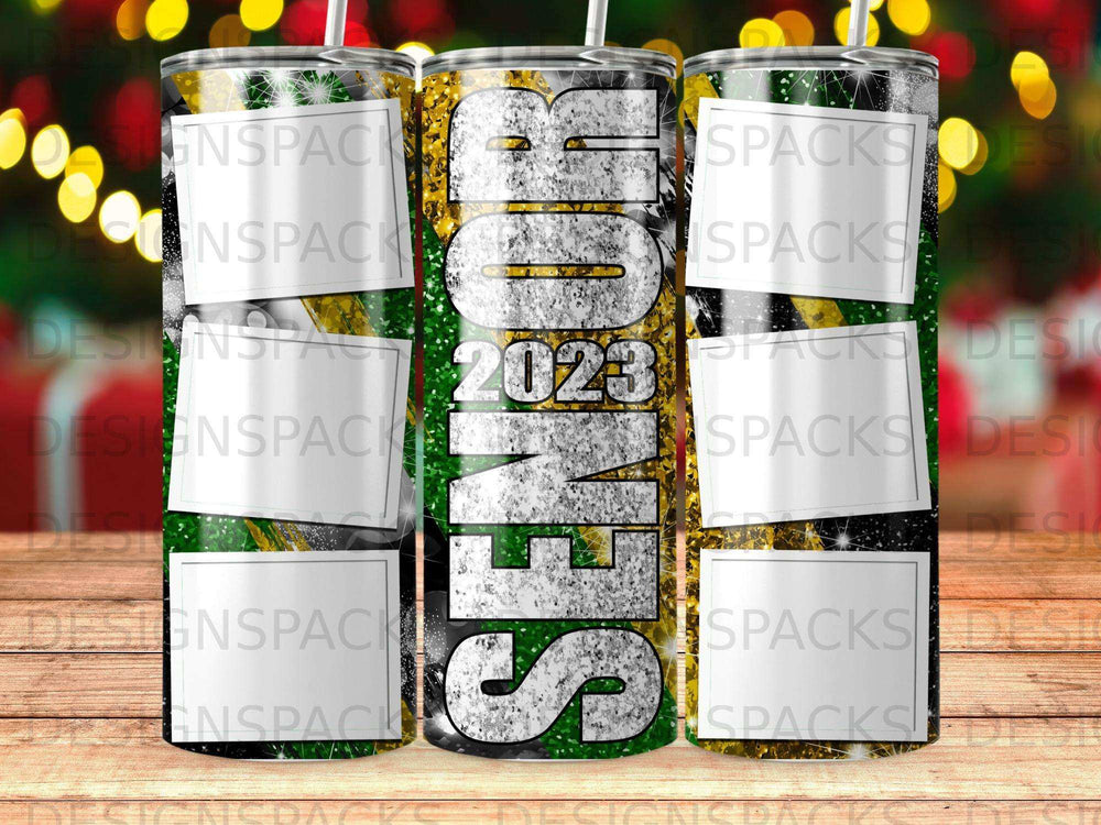 Tumbler with "SENIOR 2023" text on a sparkly background.