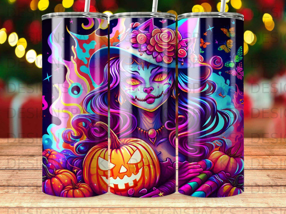 Halloween witch with pumpkin and colorful details, digital art.