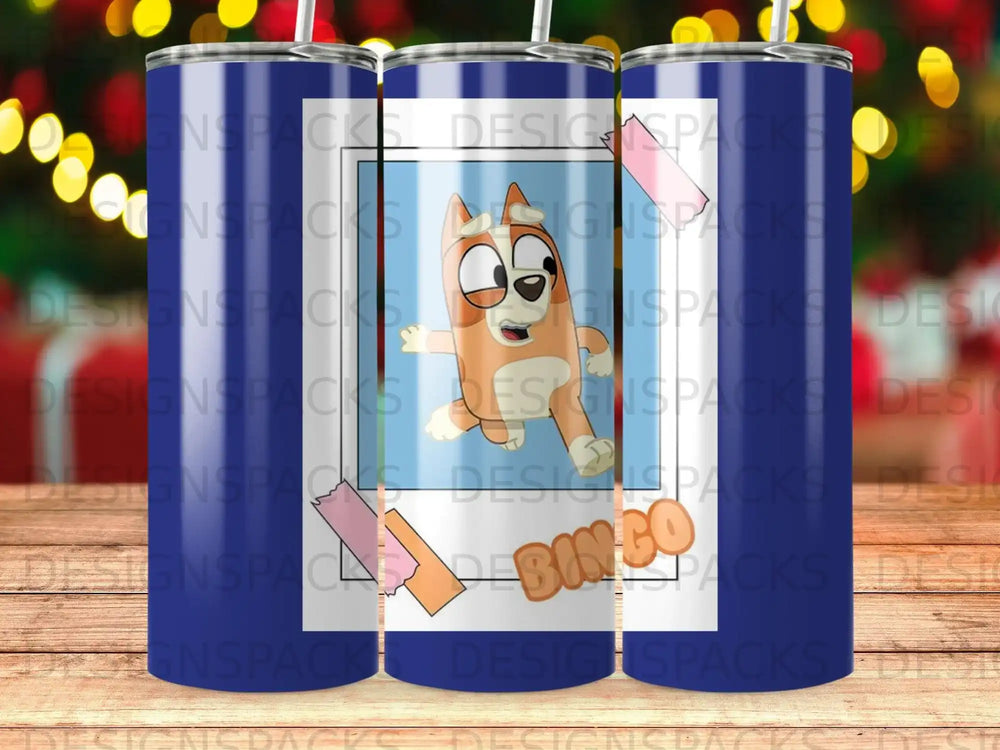 Bluey character with "BINGO" text on a tumbler with watermark.