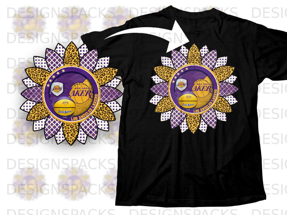 Black t-shirt featuring a sunflower graphic with Los Angeles Lakers logos and patterns.