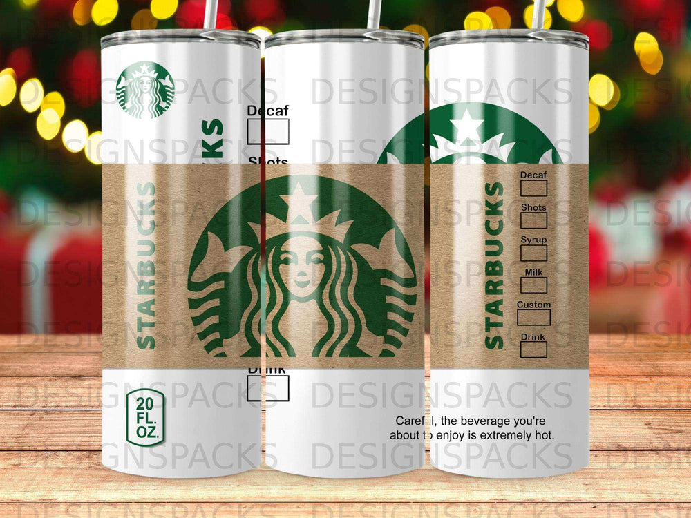 Starbucks tumbler with green siren logo, text decaf, shots, milk, and hot beverage warning.