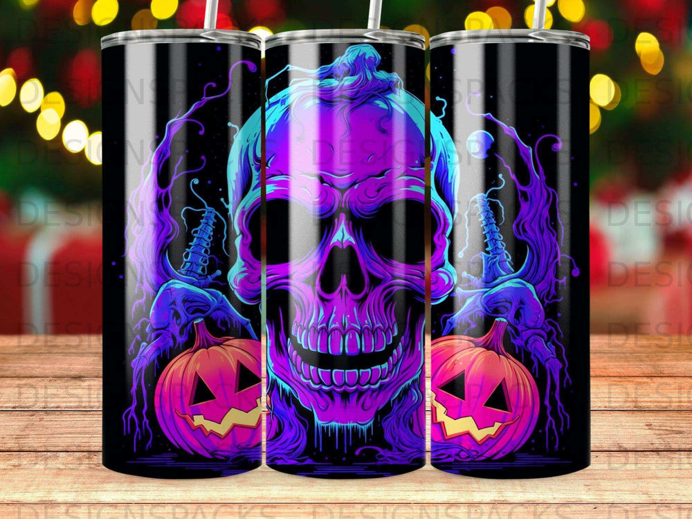 Purple skull with pumpkins on Halloween themed tumbler.