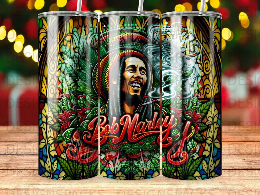 Bob Marley portrait with stained glass and smoke design on tumbler.