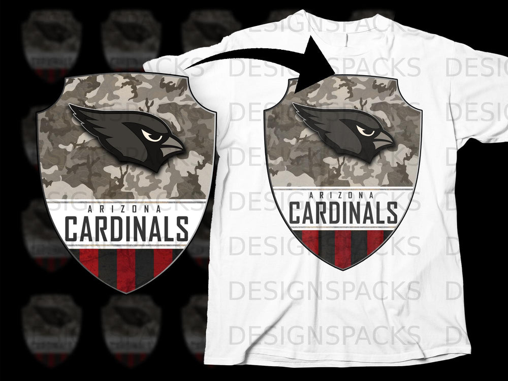 Arizona Cardinals logo on a white t-shirt with camouflage shield design.