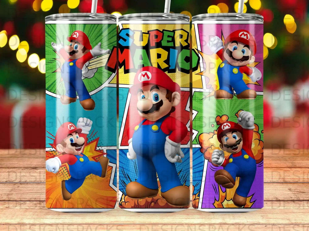 Super Mario characters in action poses on a tumbler design.