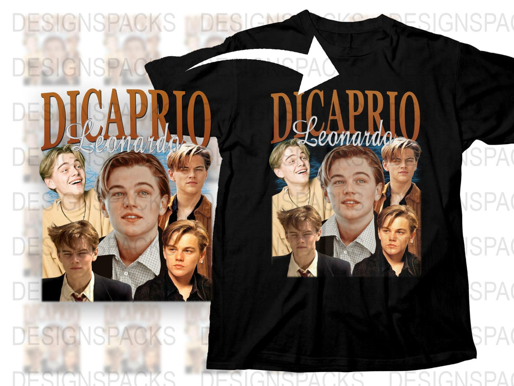 Leonardo DiCaprio Graphic T-Shirt, Vintage Style Actor Collage, Fan Gift Idea, Multiple Poses, Unisex Black Tee