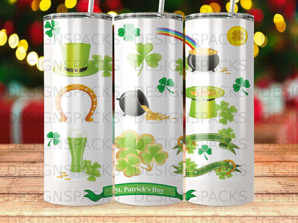St. Patrick's Day themed tumbler with shamrocks and a pot of gold.