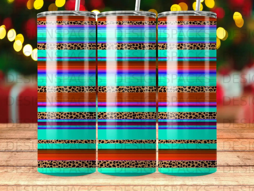 Striped tumbler with leopard and turquoise patterns, featuring "DESIGNSPACKS" watermark.