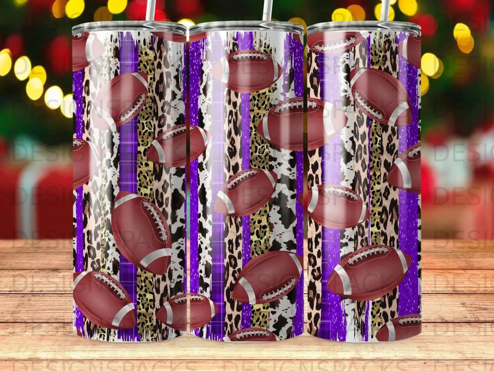 Pattern of purple stripes, leopard print, and footballs on a tumbler.