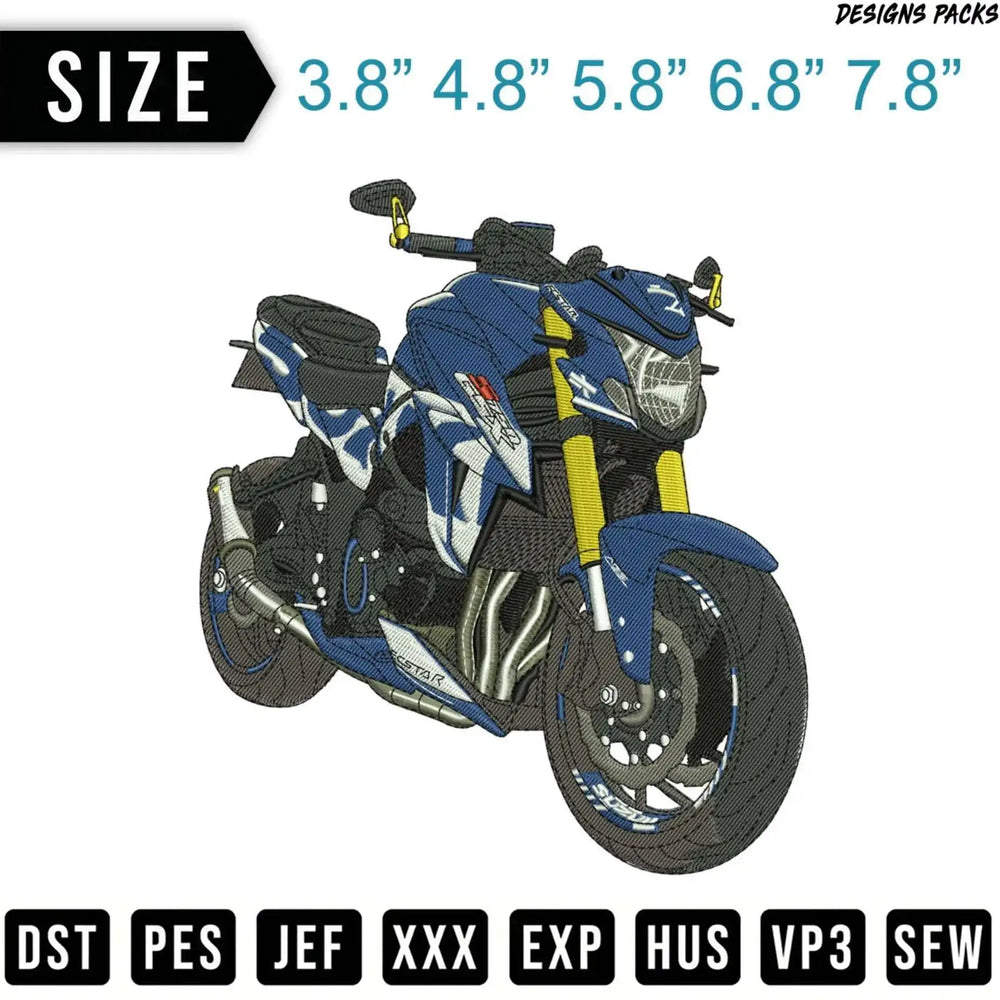 Blue Suzuki motorcycle embroidery design with file format options listed.