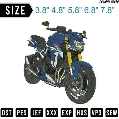Blue Suzuki motorcycle embroidery design with file format options listed.