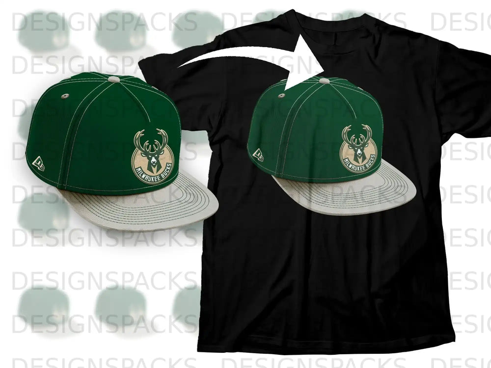 Milwaukee Bucks Cap Design on Black T-Shirt