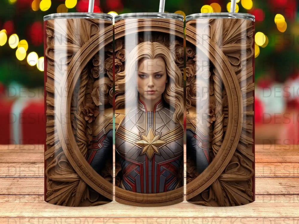 Captain Marvel in costume within a wooden carved frame, set against bokeh lights.