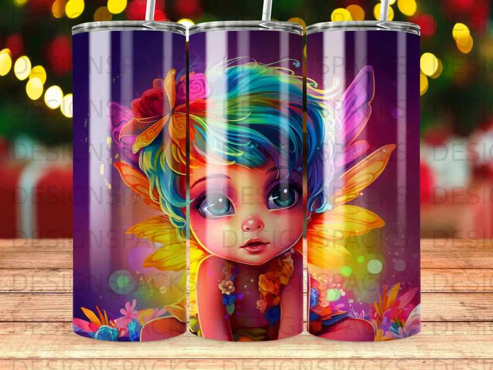Fantasy fairy girl with rainbow hair and colorful wings, surrounded by flowers.