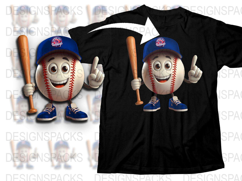 Baseball Cartoon Character T-Shirt, Funny Sports Fan Apparel, Unisex Black Tee with Ball Design
