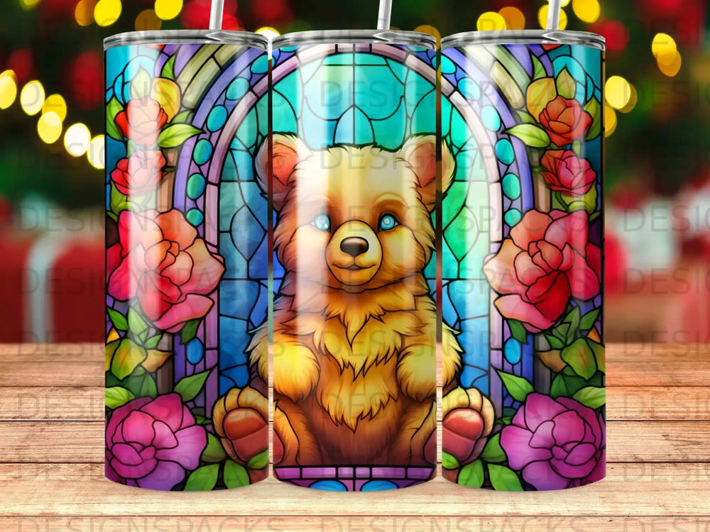 Brown bear with blue eyes framed by a stained glass window with flowers.