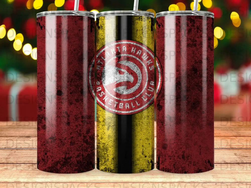 Atlanta Hawks basketball tumbler with distressed red and yellow design.