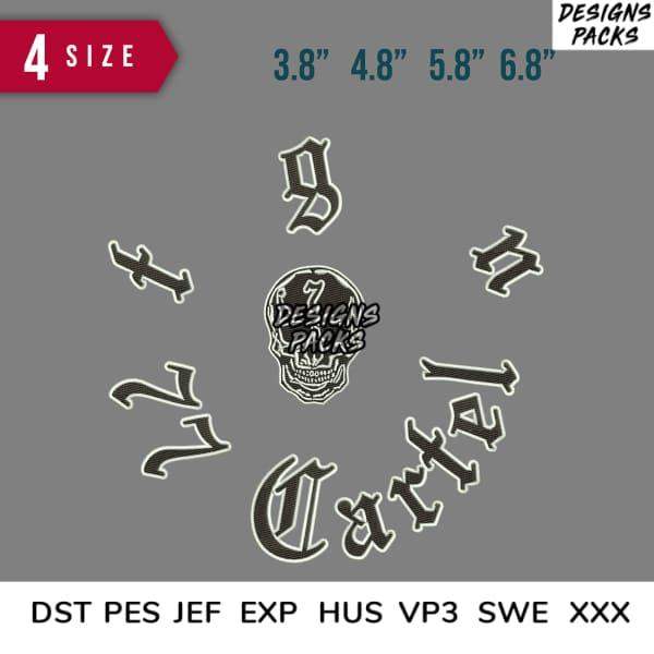 Skull and 'Cartel' embroidery design in 4 sizes, DST PES JEF formats for instant download
