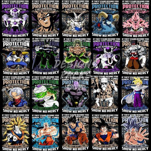 Dragon Ball Z characters with bold 'Protection' and 'Show No Mercy' text, ideal for DTF/DTG designs.