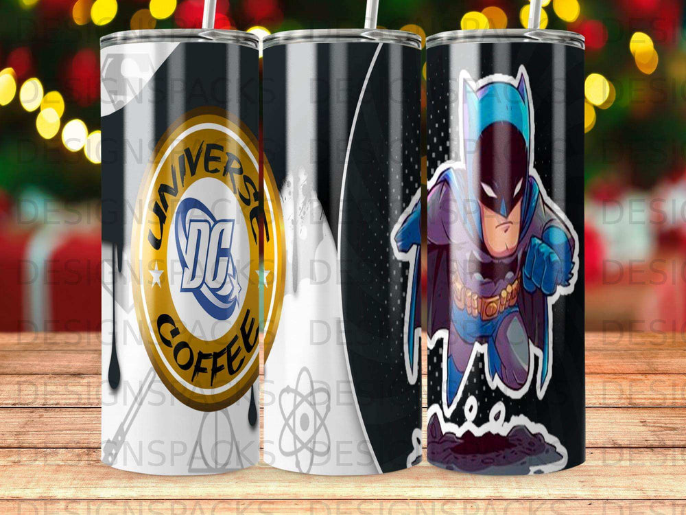 Batman and DC Comics logo on a black and white tumbler.