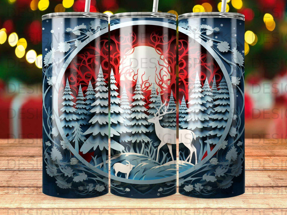 Deer in snowy forest with red moon and stylized trees.