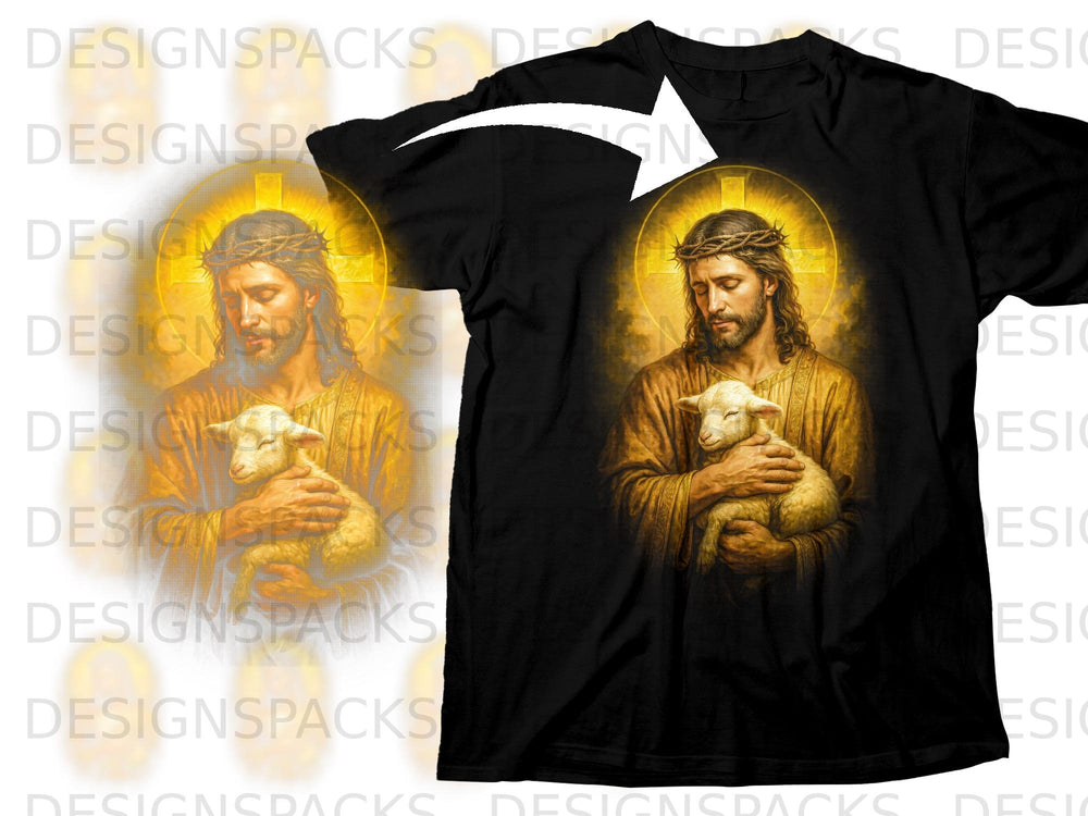 Jesus wearing a crown of thorns holding a lamb with a cross behind him.