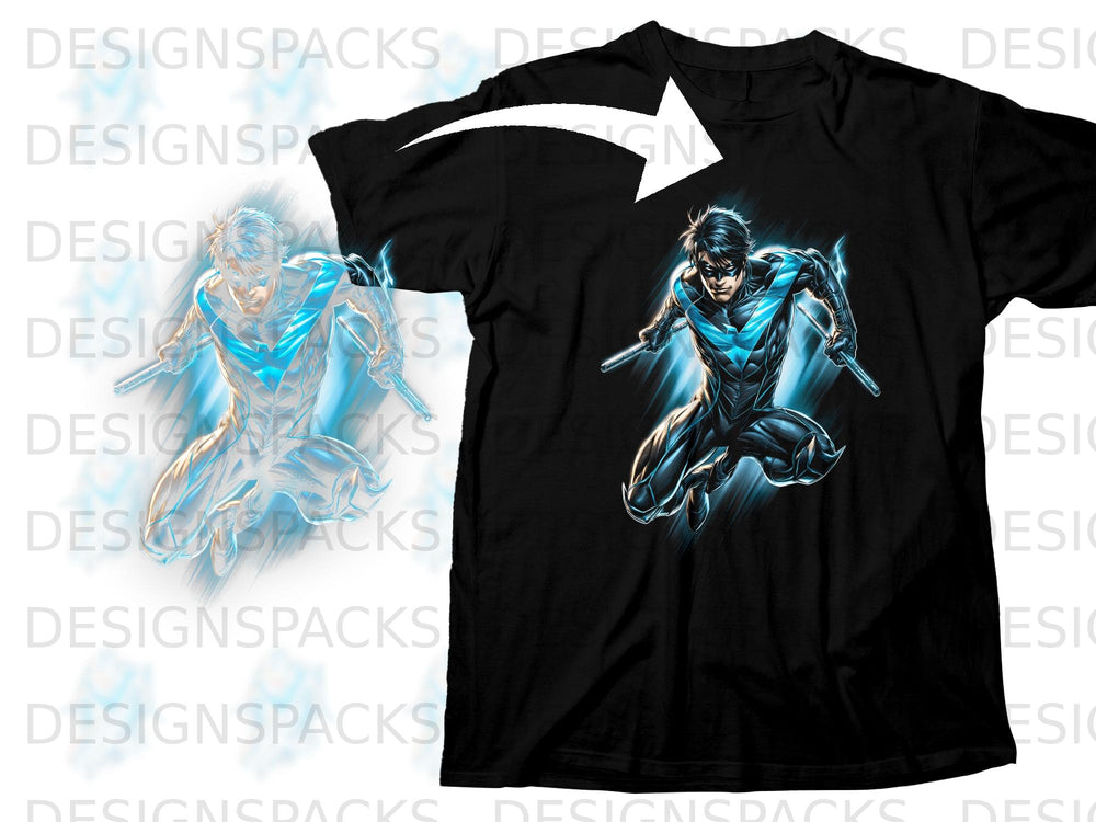 Black t-shirt with Nightwing leaping, surrounded by blue energy.