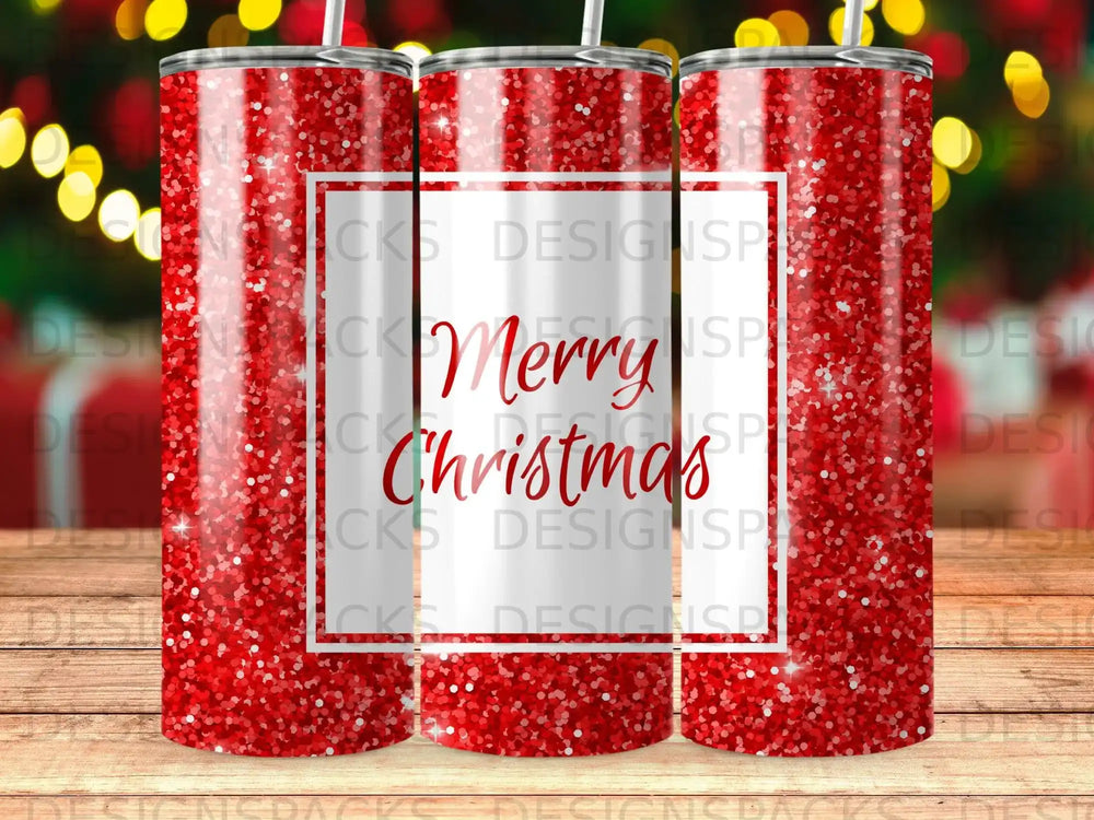 Red glitter tumbler with "Merry Christmas" text.