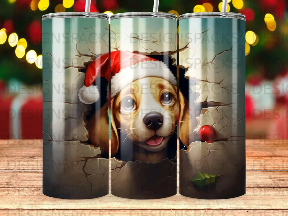 Dog in Santa hat peeking through cracked wood with festive bokeh background.