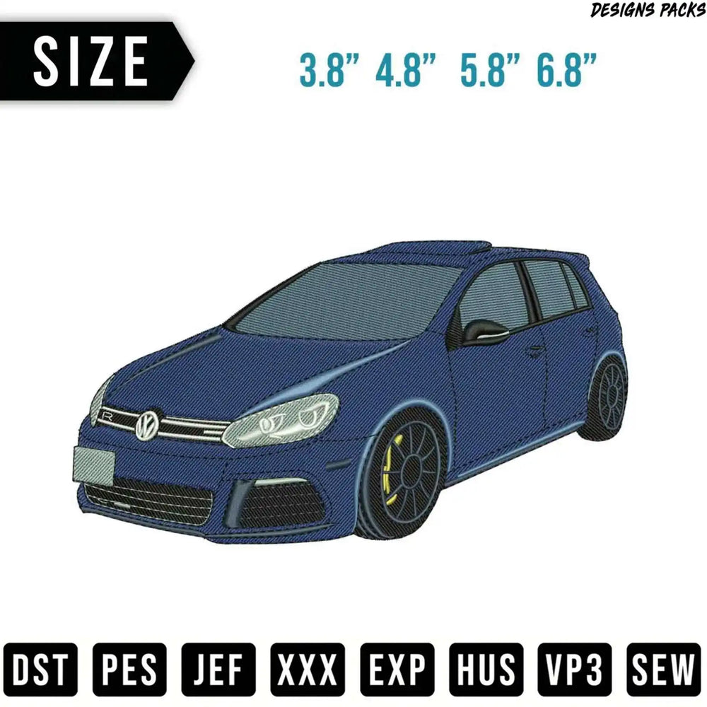 Blue embroidered car design with size options 3.8" to 6.8" and file formats.