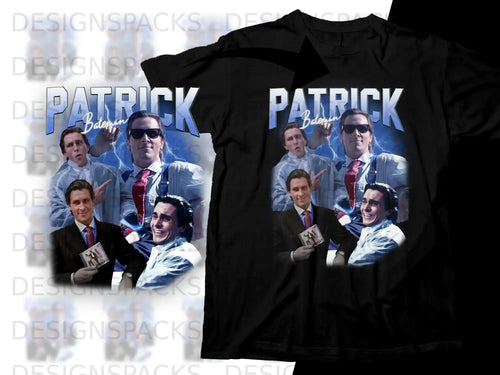 Patrick Bateman t-shirt design with a central character and film title.