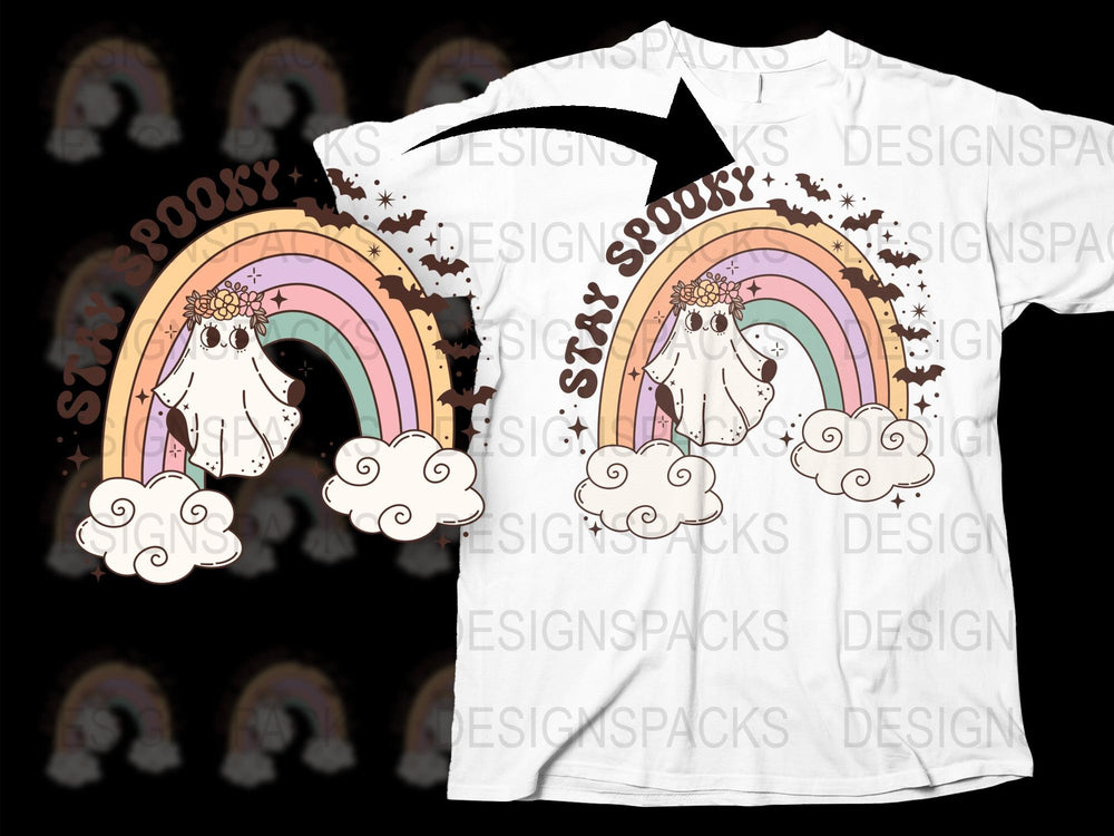Stay Spooky Halloween T-Shirt, Cute Ghost Rainbow Design, Unisex Graphic Tee, Fall Fashion Casual Wear