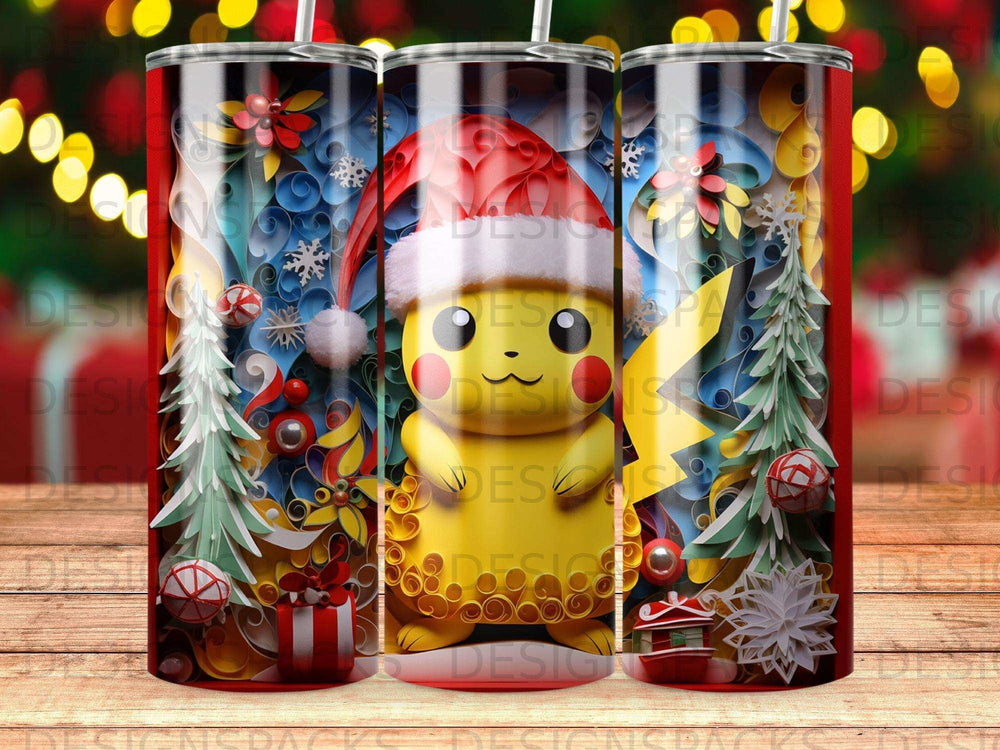 Pikachu in Santa hat with festive papercraft holiday decorations and gifts.