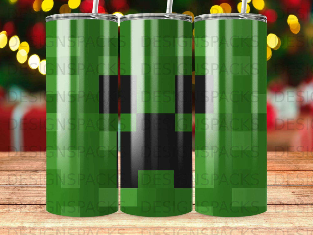 Green tumblers with a repeating "DESIGNSPACKS" logo pattern.