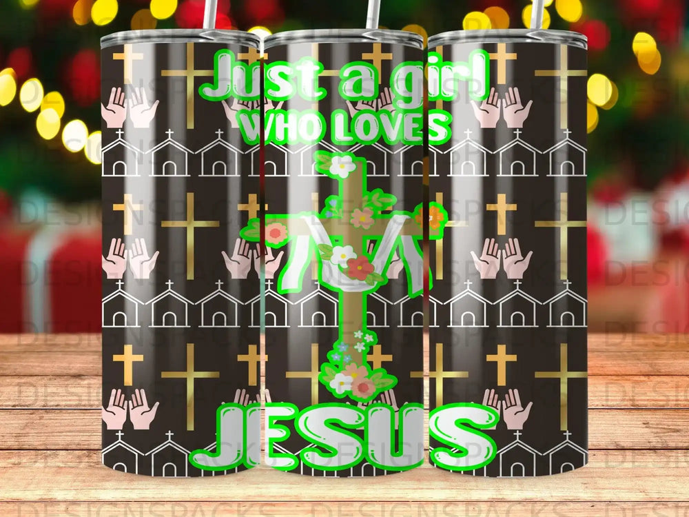 Tumbler with "Just a girl who loves Jesus" and floral cross design.