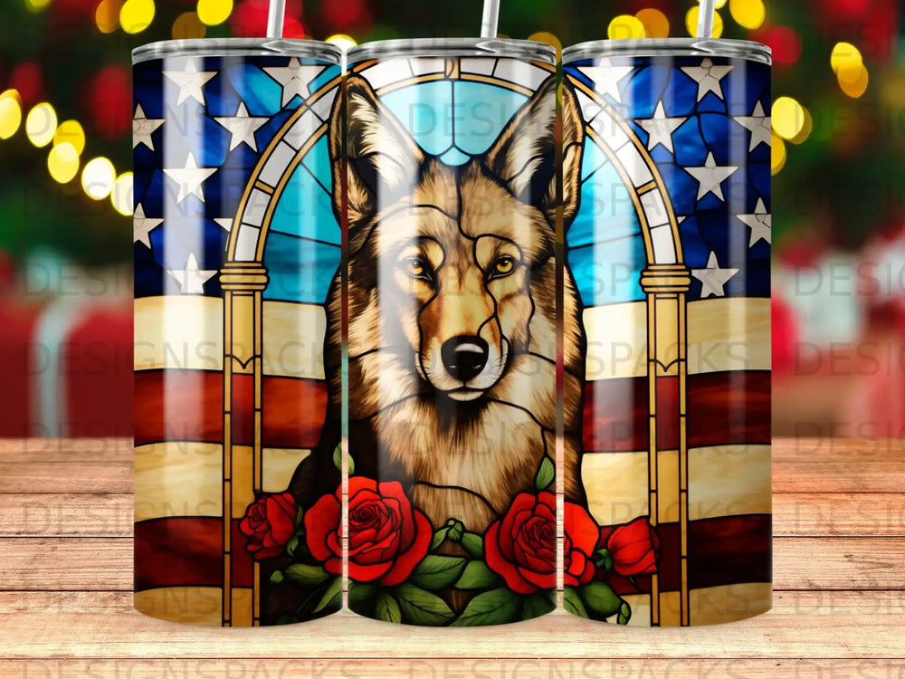 German Shepherd with American flag and roses on a tumbler.